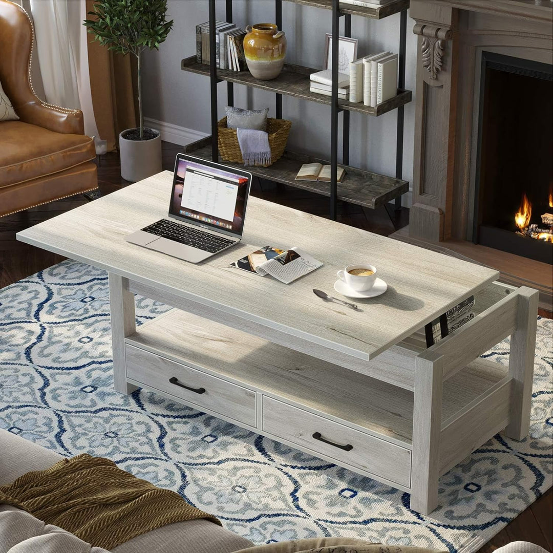 Lift Top Coffee Table with Drawers and Hidden Compartment, Grey