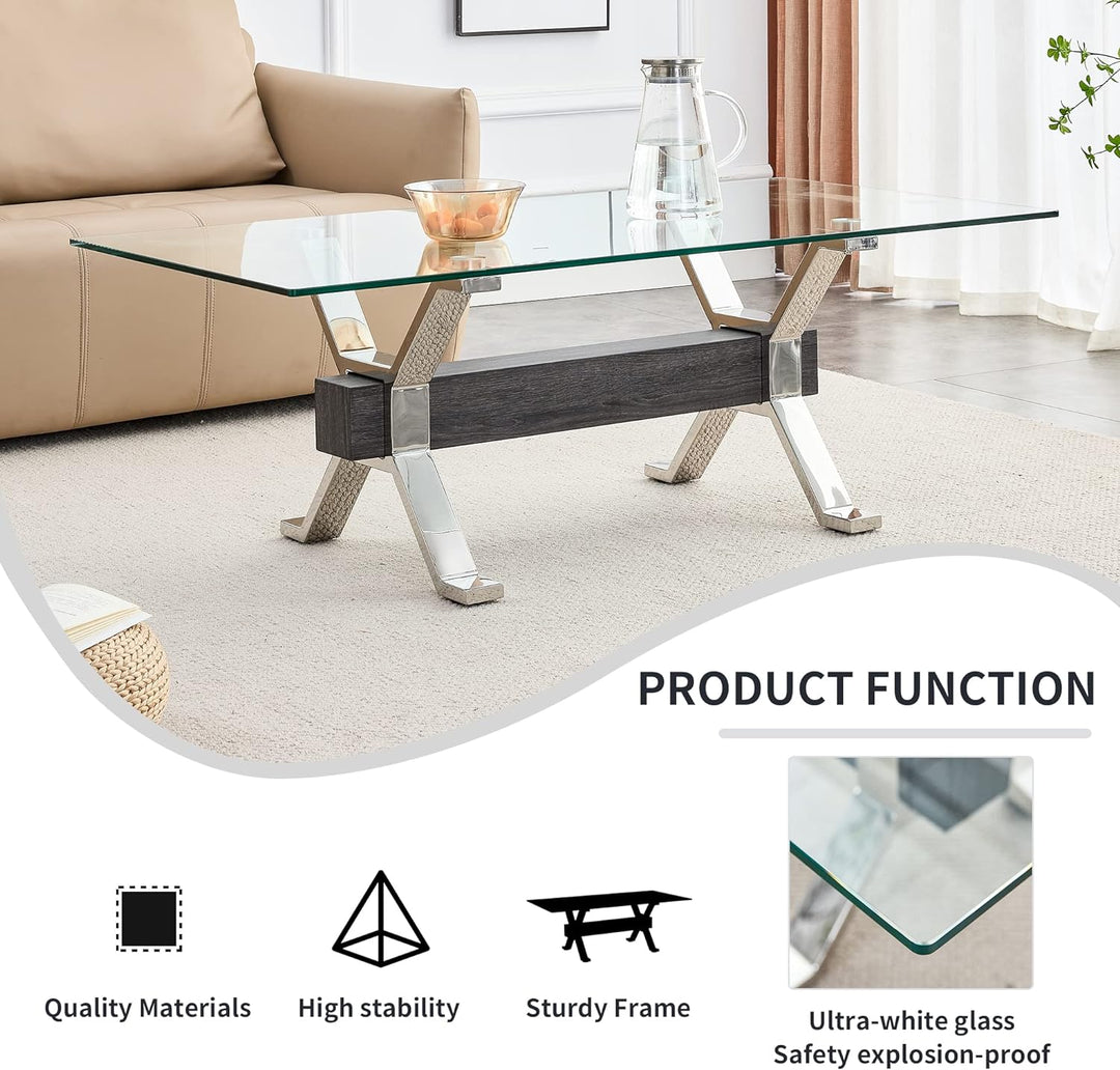 Pvillez Modern Glass Coffee Table, Rectangular Center Table