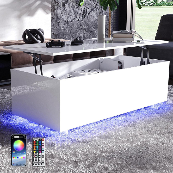 High Gloss Lift Top Coffee Table with LED Lighting, White