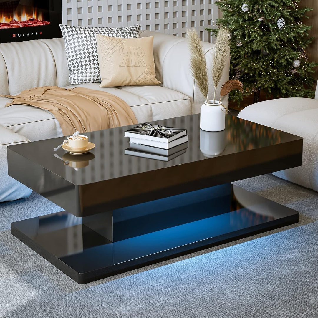 Modern LED Coffee Table with Drawer, Black High Glossy Rectangle Coffee End Table with 16 Color Lighting