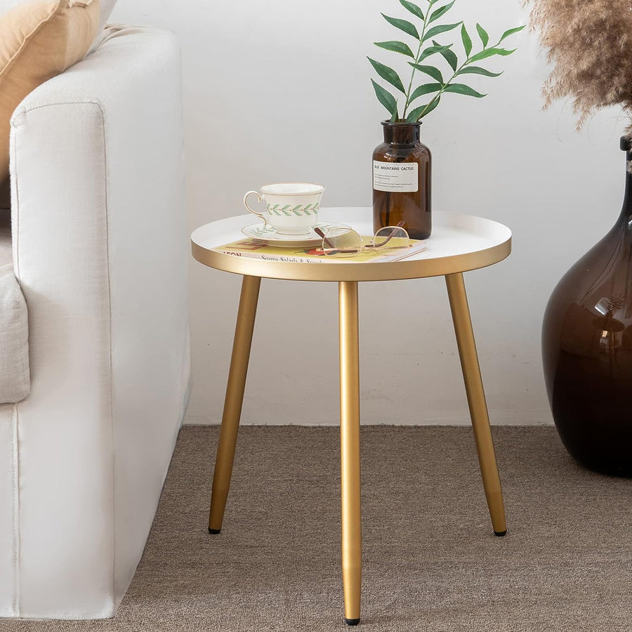 Small Round Side Table, White, 3 Gold Legs