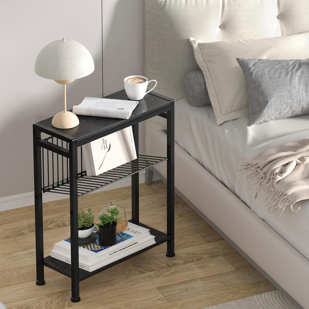 3-Tier Narrow Side Table w/ Magazine Holder (Black)