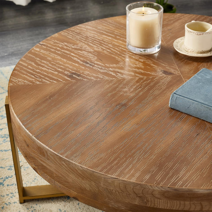 Rustic Round Wood Coffee Table with Metal Legs, Farmhouse