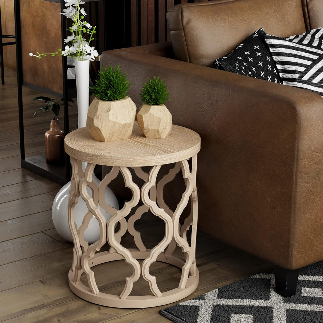 Farmhouse End Table w/ Distressed Wood Top, Curved Motif Frame