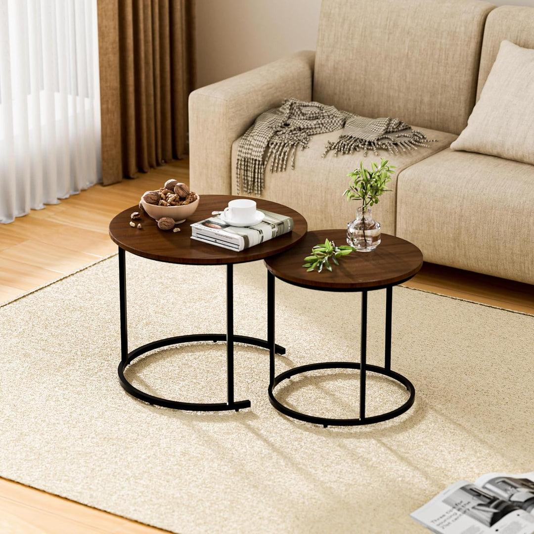 Industrial Nesting Coffee Table Set, Modern Walnut Accent Tables