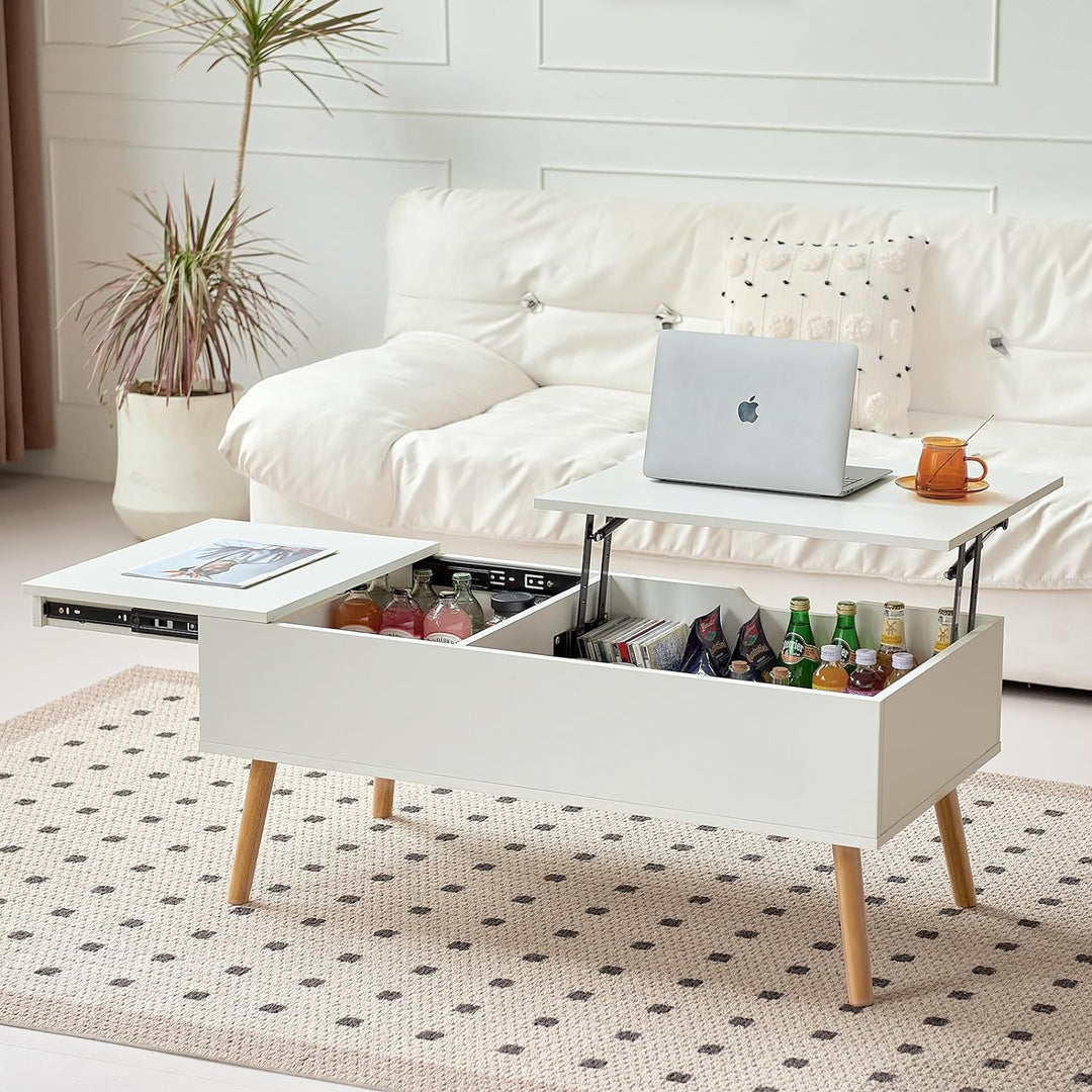 Coffee Table with Hidden Storage Drawer, Modern Lift Top Desk, White