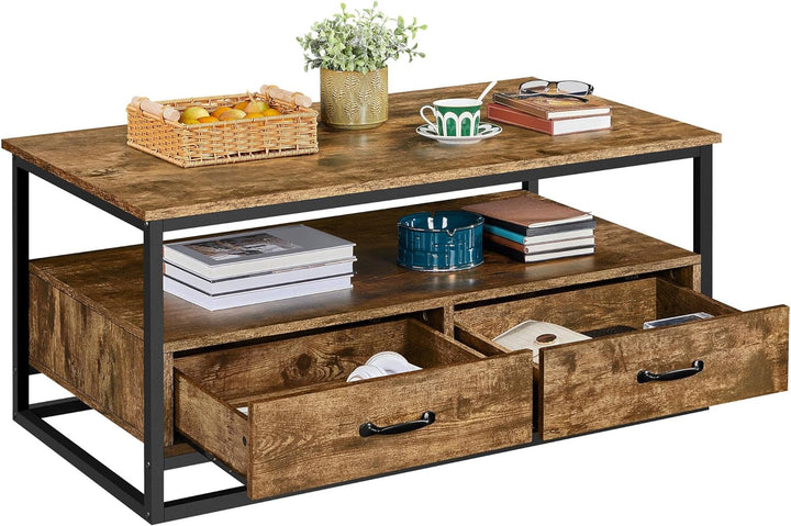 Rustic Industrial Coffee Table with Storage Shelf, Rustic Brown