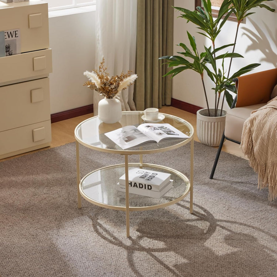 VINGLI Glass Coffee Table, 25.6" Round, 2-Tier, Clear-beige