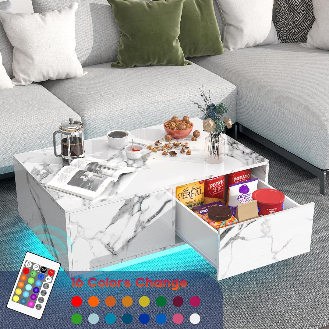 Modern High Gloss Coffee Table with LED Lighting, White Marble