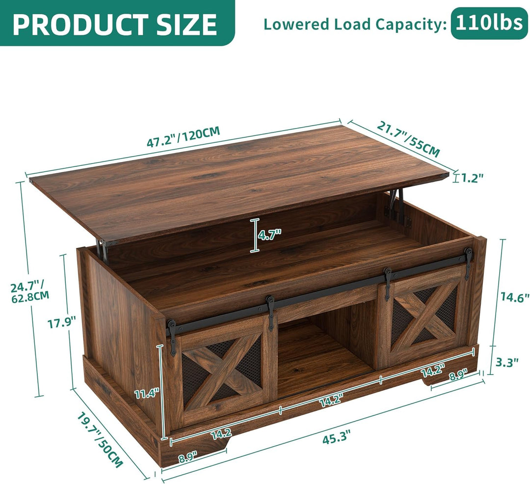 Farmhouse Coffee Table with Lift Top, Storage & Sliding Barn Door, Espresso