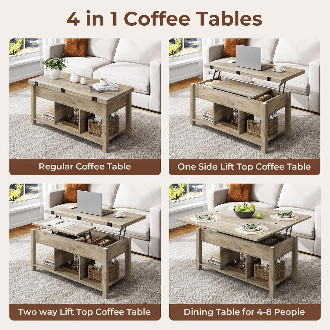 Versatile 4-in-1 Coffee Table with Hidden Storage, Washed Gray