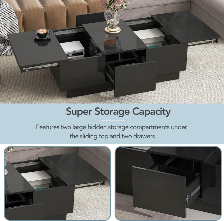 Multifunctional Extendable Coffee Table with Hidden Storage, Drawers, and Sliding Tabletop, Black