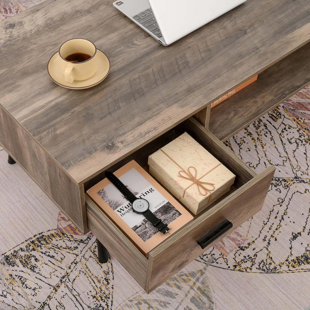 Rustic Oak Coffee Table with Storage, Drawer, and Shelf