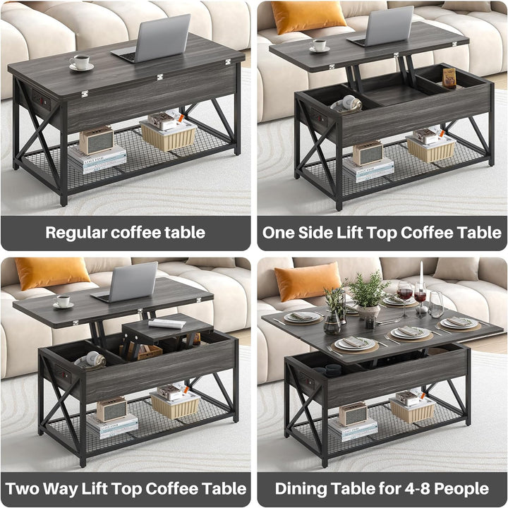 Versatile Coffee Table with Lifting Top, Charging Station, Grey