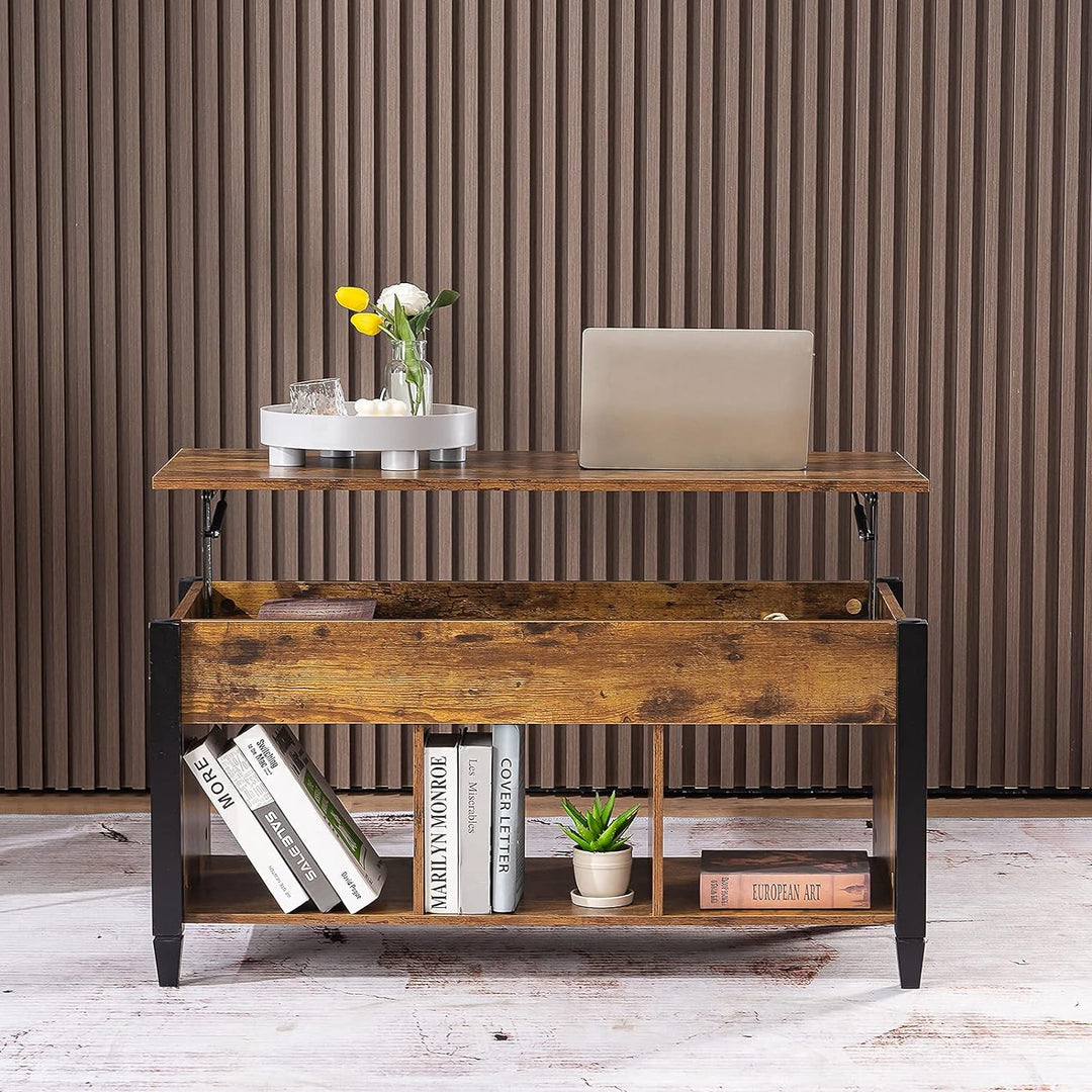 Rustic Lift Top Coffee Table, Industrial Minimalist, Retro Gas Lift, Brown