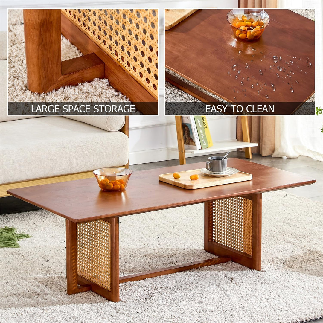 Imitation Rattan Solid Wood Coffee Table, Rectangular, B-walnut