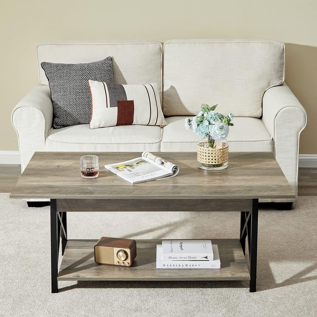 Rustic Farmhouse Coffee Table with Storage Shelf, Gray Wash