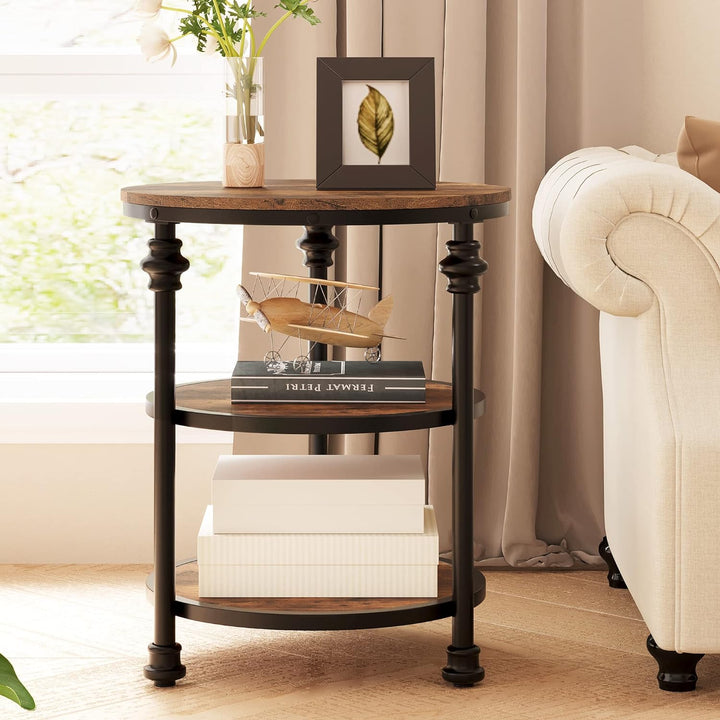 3-Tier Round Side Table Rustic Brown Accent