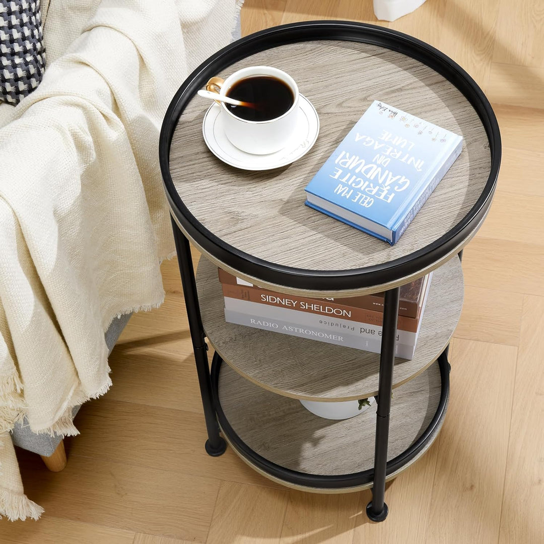 Side Table, 3 Shelves, Steel Frame, Oak