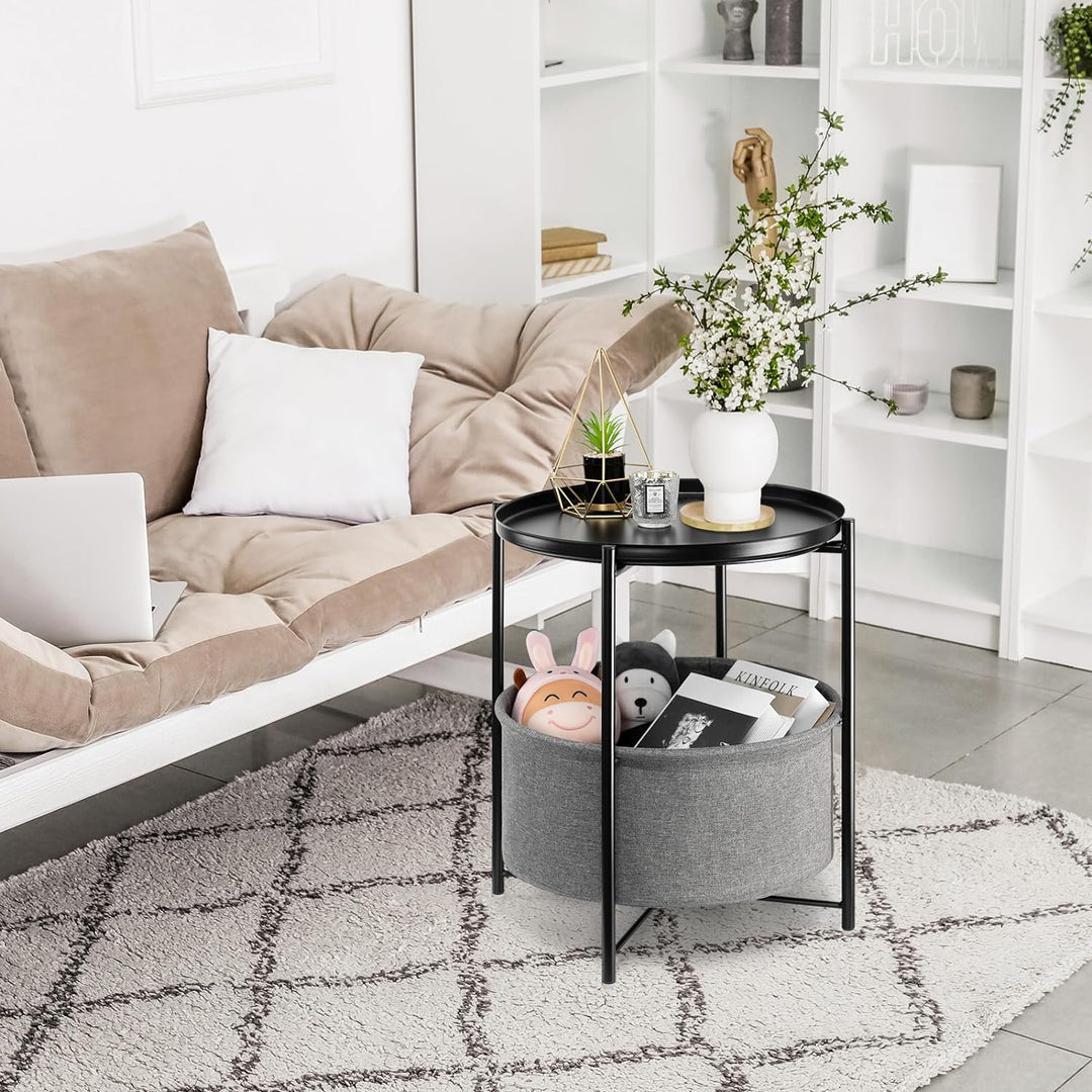 Round Side Table with Fabric Storage Basket