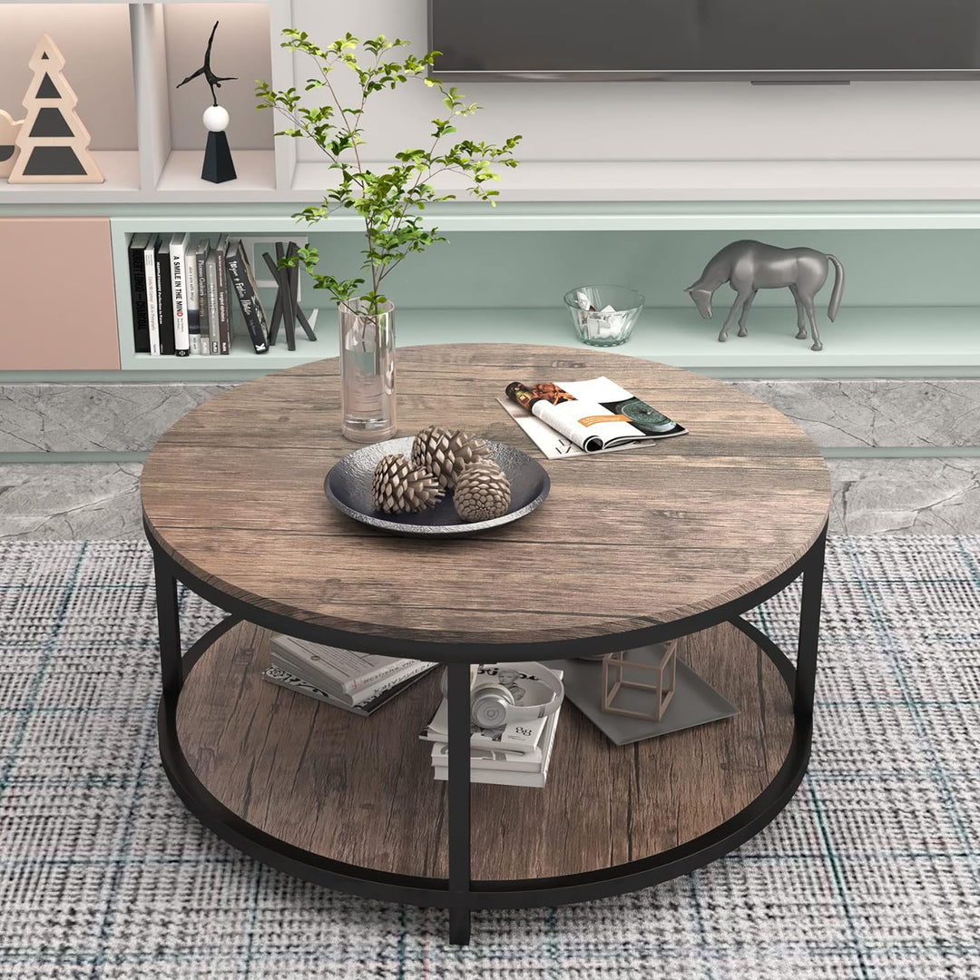 Round Coffee Table, 2-Tier Rustic Wood Desktop, Modern Design Accent Center Table (Walnut)