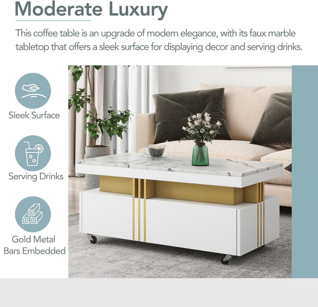 Faux Marble Coffee Table, Modern Luxury Cocktail Table, White