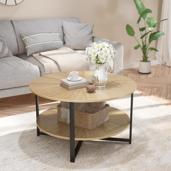 Round Wood Coffee Table with Storage Open Shelf, Light Brown