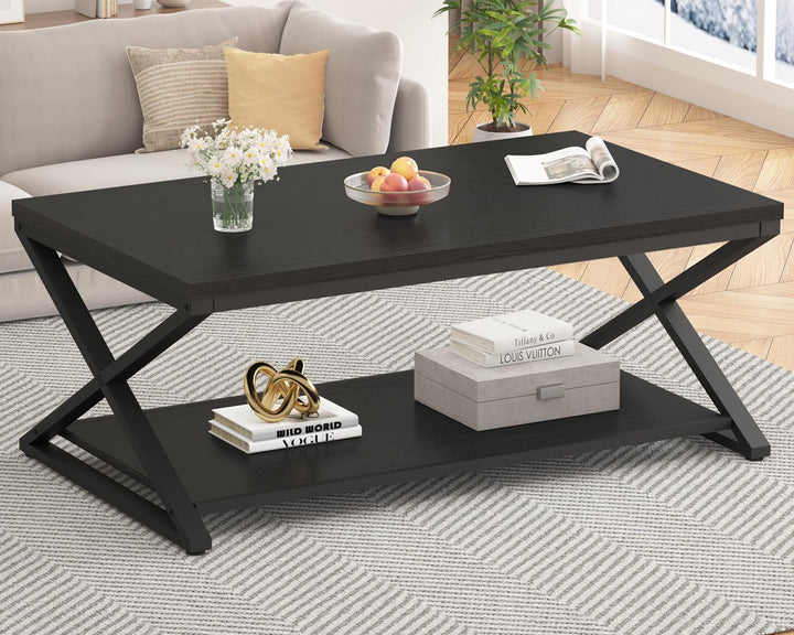 Minimalist Industrial Black Oak Coffee Table, 47-Inch Rectangle