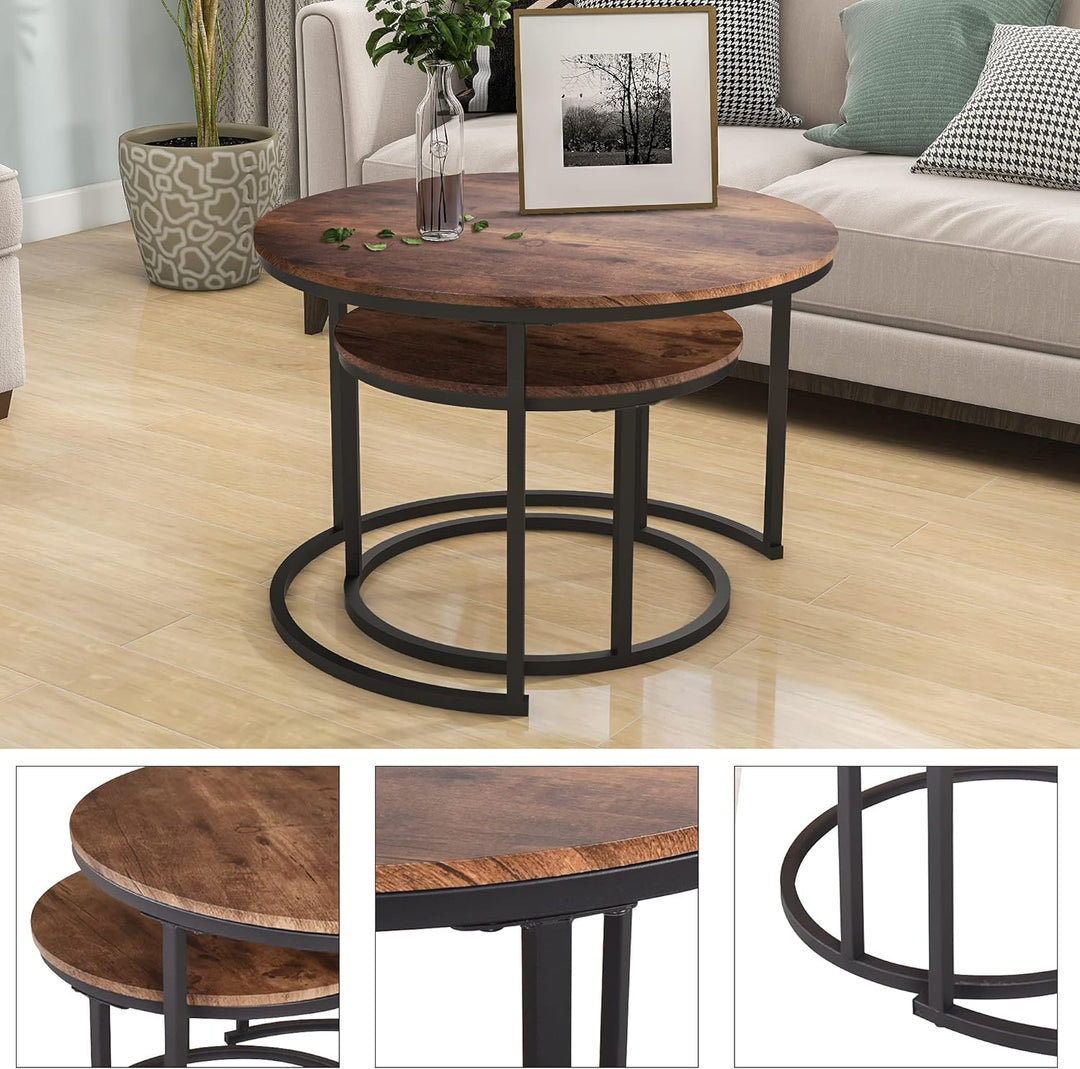 Industrial Round Coffee Table Set, Stacking Side Tables, Rustic Brown