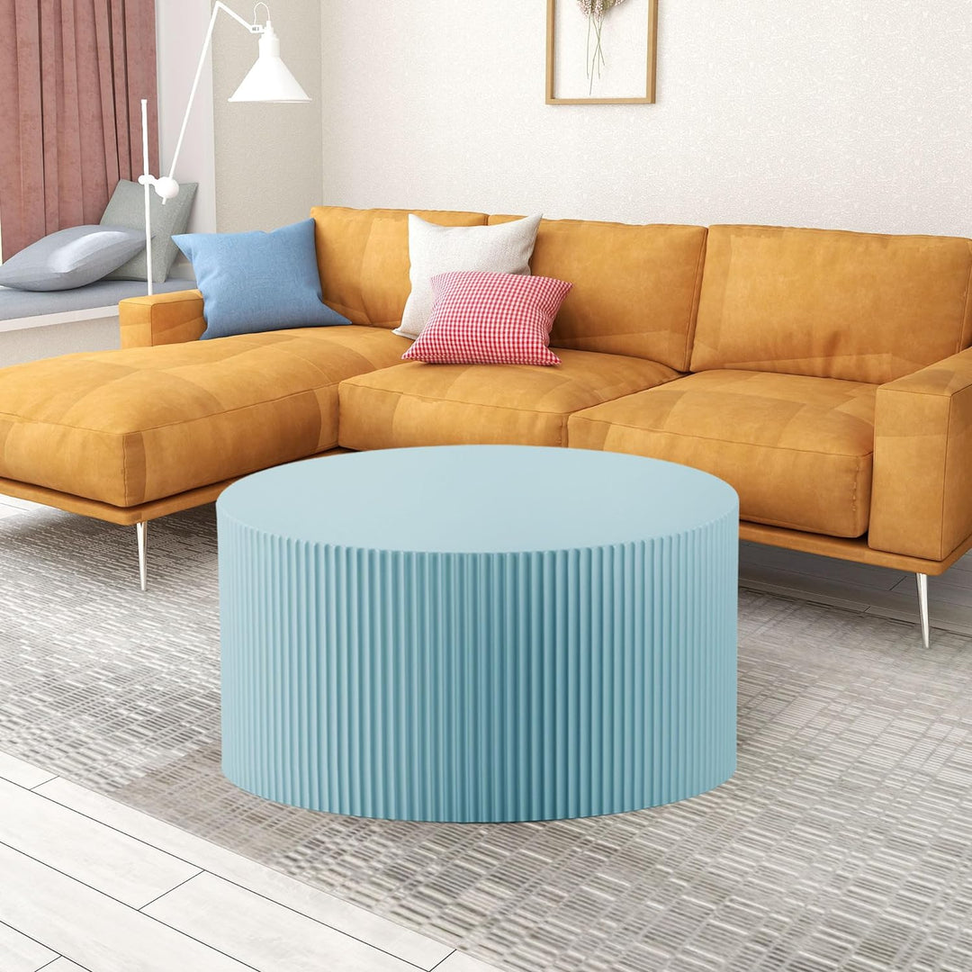 Modern Round Coffee Table Set, Wood Circle Drum Side Table, Blue