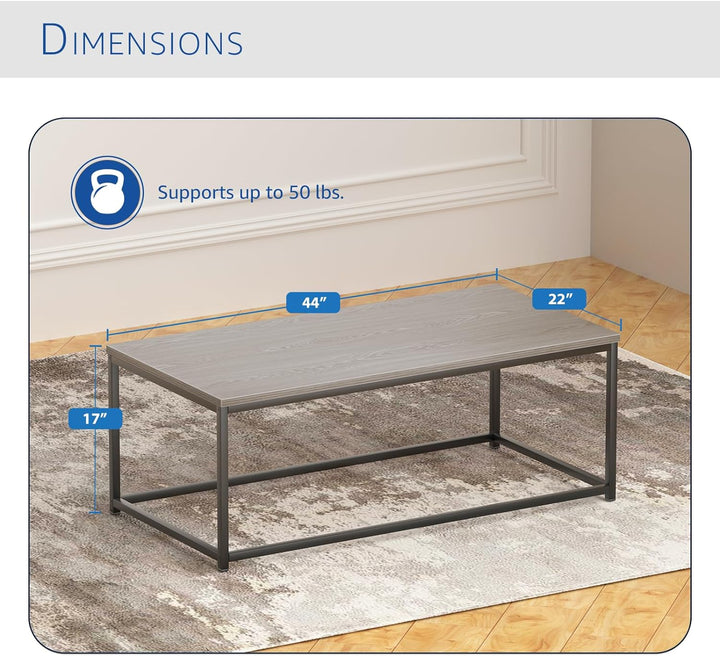 Modern Industrial Style Rectangular Coffee Table, Rustic Accent Minimalistic Furniture with Wood Grain Top & Metal Frame, Grey