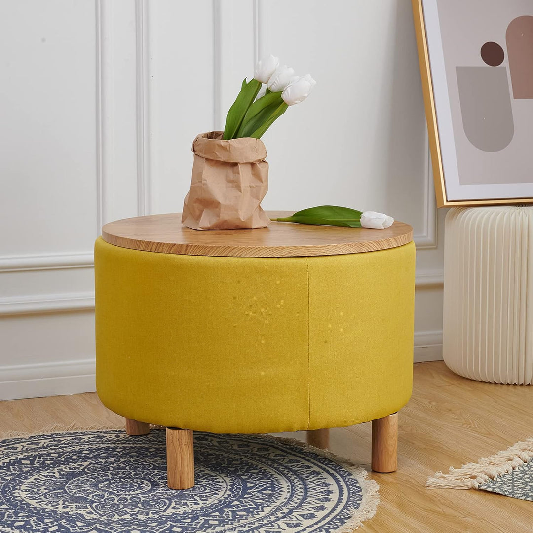 Round Coffee Table with Storage, Multi-Function Ottoman, Natural Color