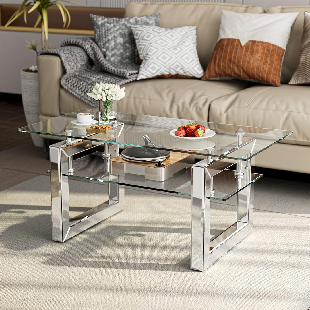 IKIFLY Glass Coffee Table, Mirrored Clear Rectangle Glass End Table