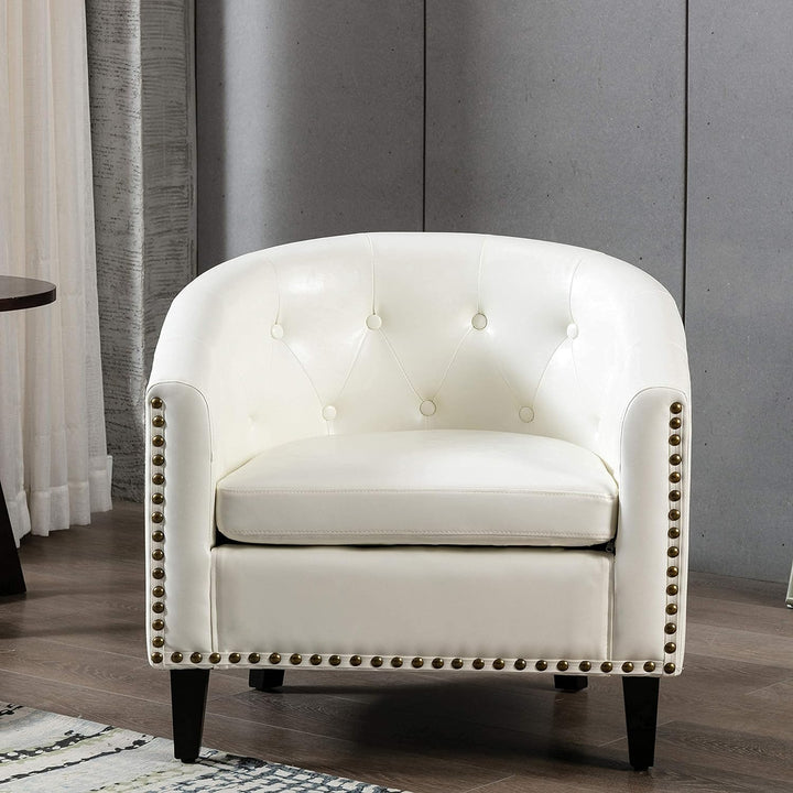 Armchair Barrel Club Chair,Modern PU Leather Accent Chair Arm Club Chair w/Nailheads and Solid Wood Legs,Tub Barrel Style Lounge Chair for Living Room Bedroom Reception Room (White)