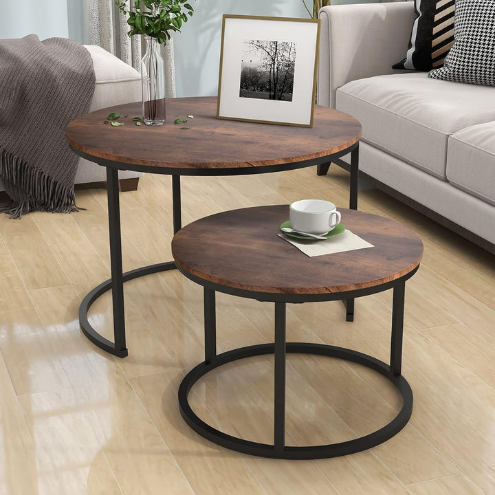 Industrial Round Coffee Table Set, Stacking Side Tables, Rustic Brown