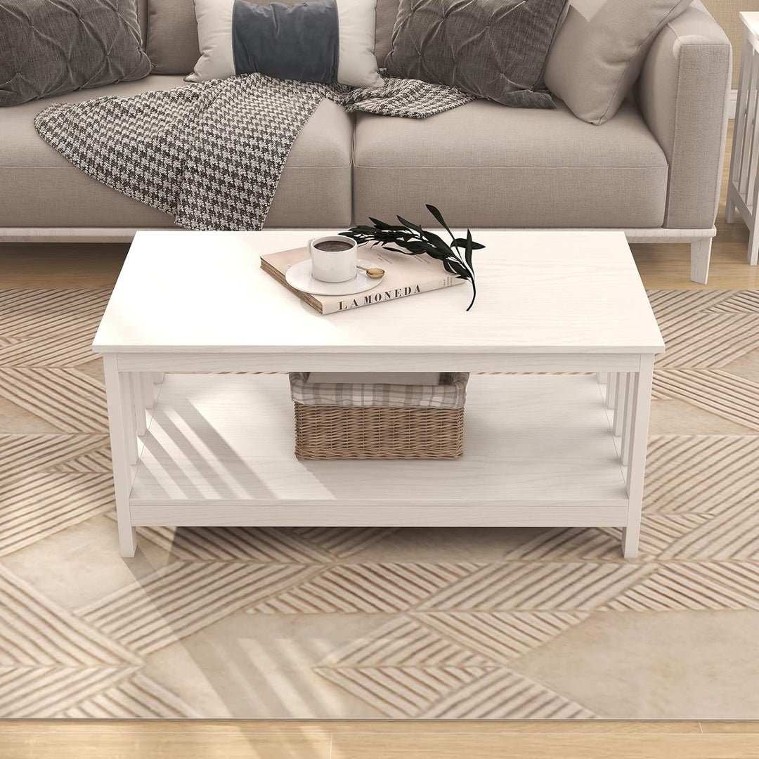 Farmhouse Coffee Table, White Living Room Table with Shelf