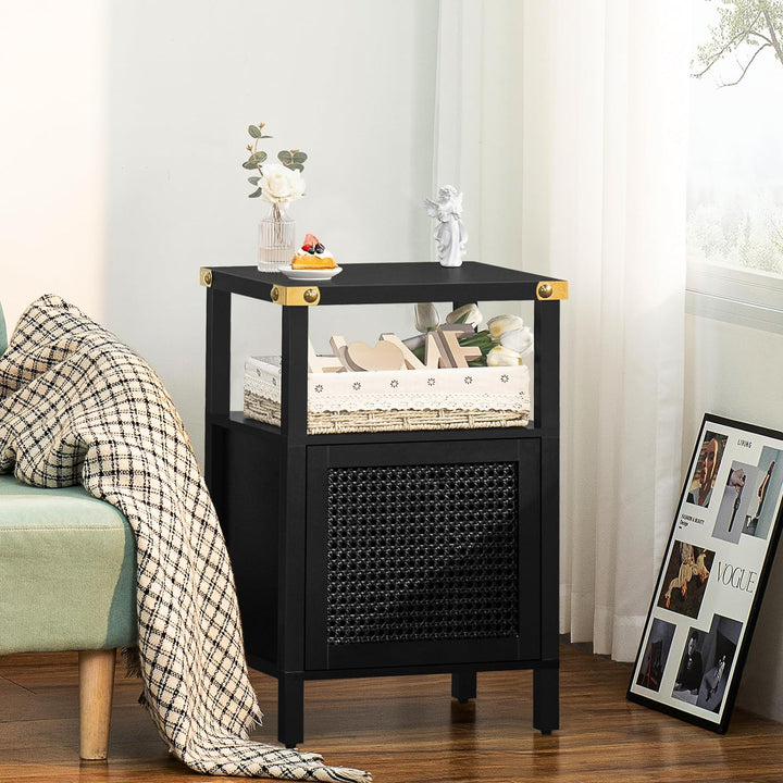 Rattan Nightstand, Side End Table with Storage