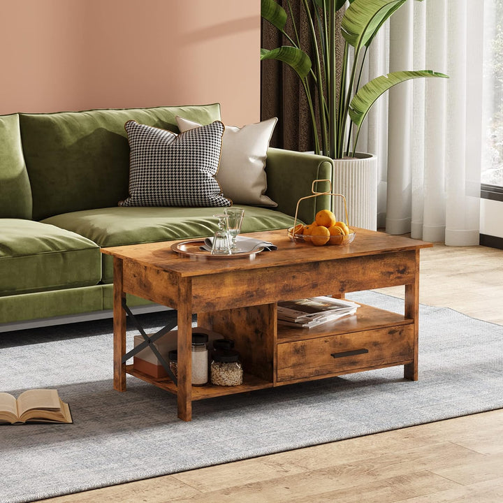 Lift Top Coffee Table with Hidden Storage, Metal Frame, Rustic Brown