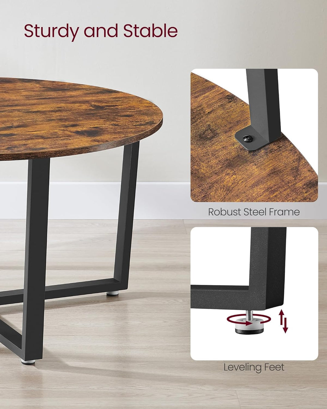 Rustic Round Coffee Table, Industrial Style Cocktail Table, Rustic Brown