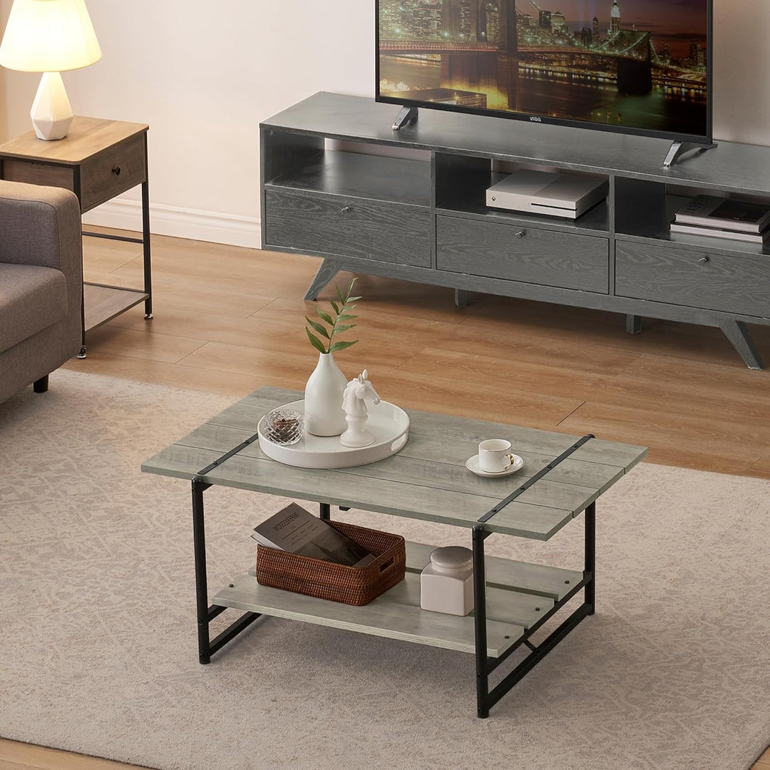 2-Tier Farmhouse 41" Gray Wood Coffee Table w/ Storage