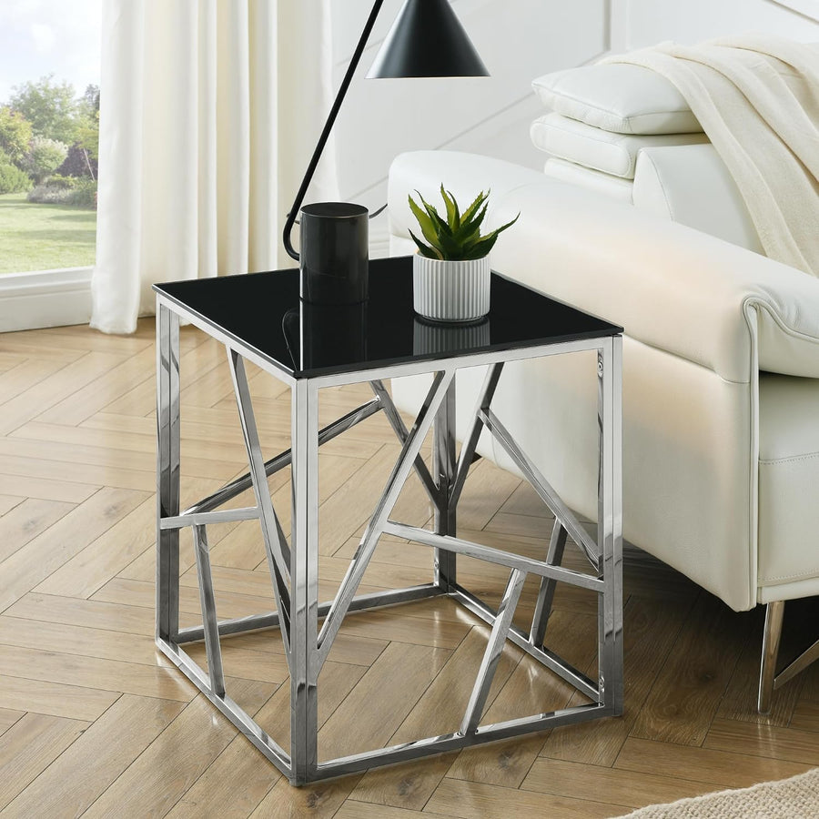 20 Inch Modern Glass Coffee Table with Metal Frame, Accent Nightstand Furniture Corner Table (Black)