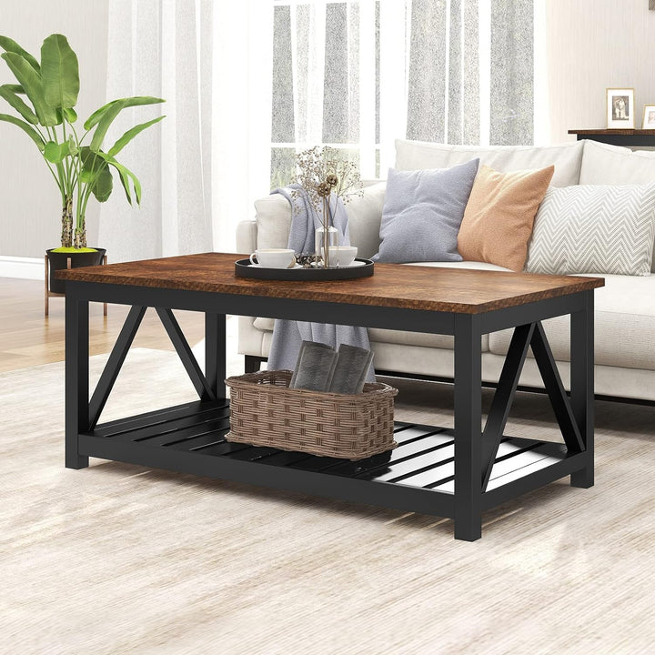 Rustic Vintage Coffee Table with Shelf, 40-Inch, Black