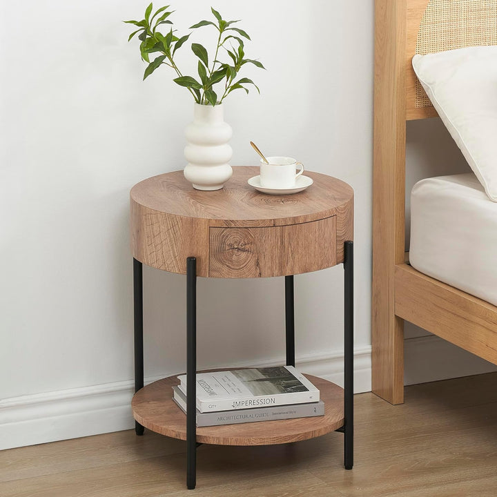 2-Tier Round End Table Wood Design Drawer