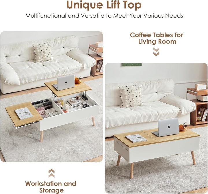 Lift Top Coffee Table, Modern Desk with Hidden Drawer, Wood, White