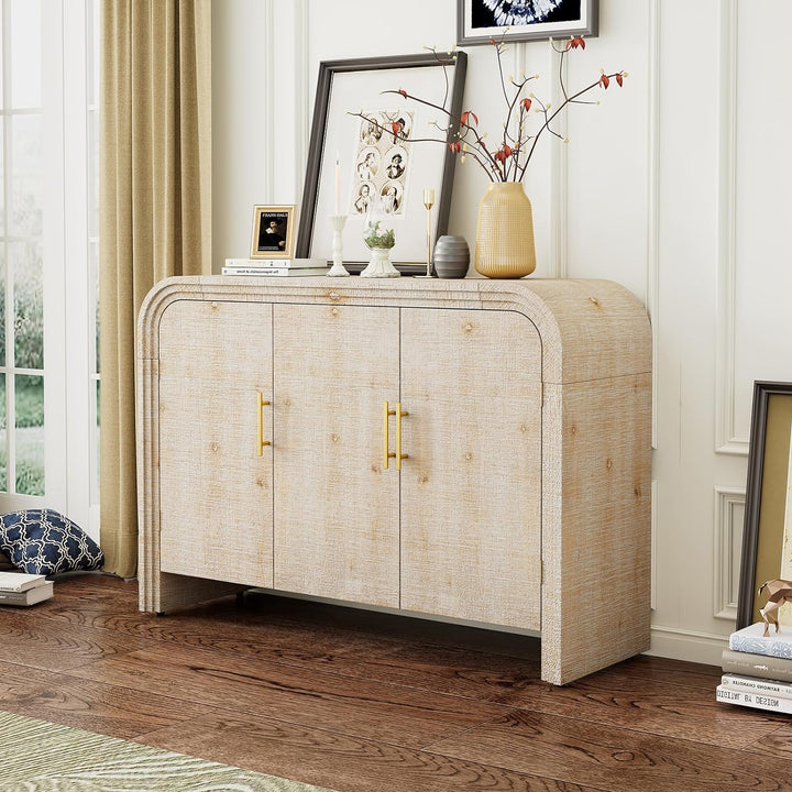 Elegant Curved Sideboard Buffet Cabinet, Natural Wood Wash, 47.2