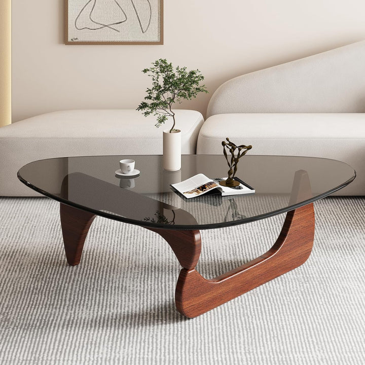 Triangle Coffee Table with Walnut Mid Century Modern Solid Wood Base and Triangle Clear Glass Top, Walnut Gray