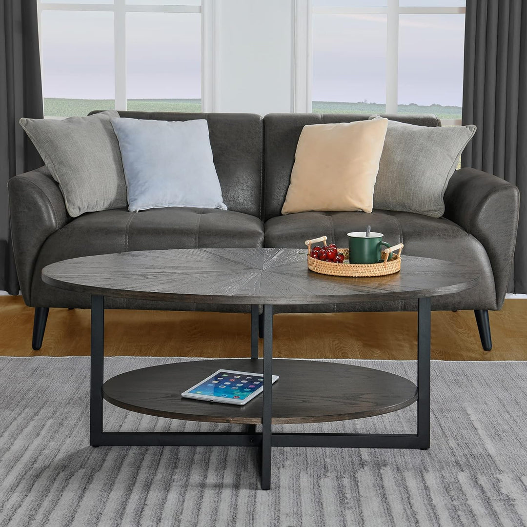 Rustic Oval Wood Coffee Table with Cross Metal Legs, Black