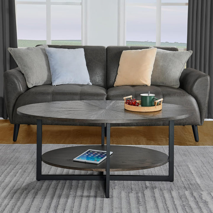 Rustic Oval Wood Coffee Table with Cross Metal Legs, Black