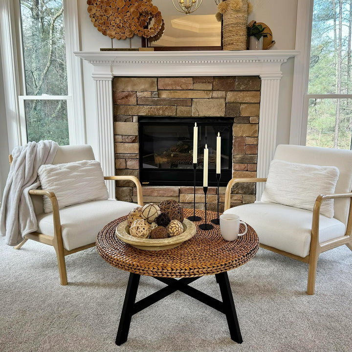 Round Seagrass Coffee Table, Solid Pine Wood Frame, Gold