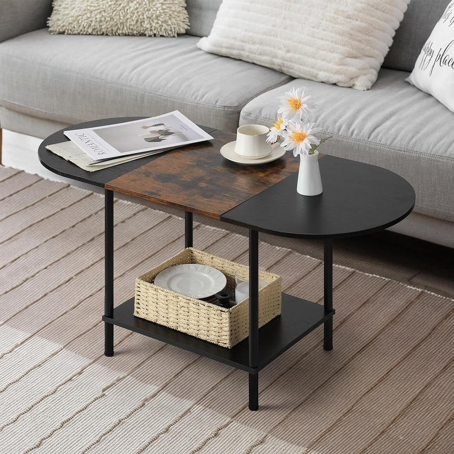 Coffee Tables for Living Room, 2-Tier Small Oval Center Table with Storage Shelf, Industrial Modern Style, Wood Tabletop, Brown & Black